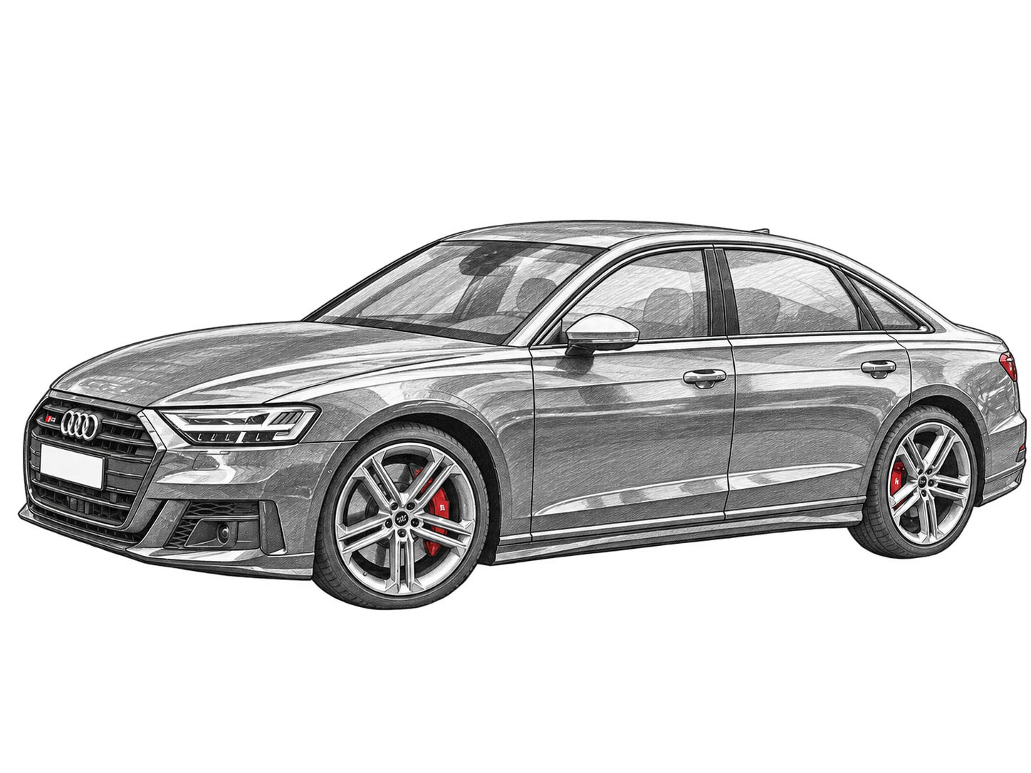 Audi S8 — карандашный скетч в ракурсе спереди и сбоку